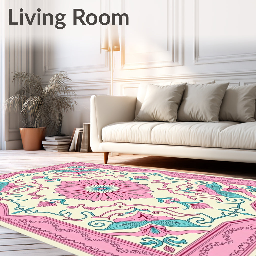 Pink Teal Cream Floral Medallion Swirl Rug