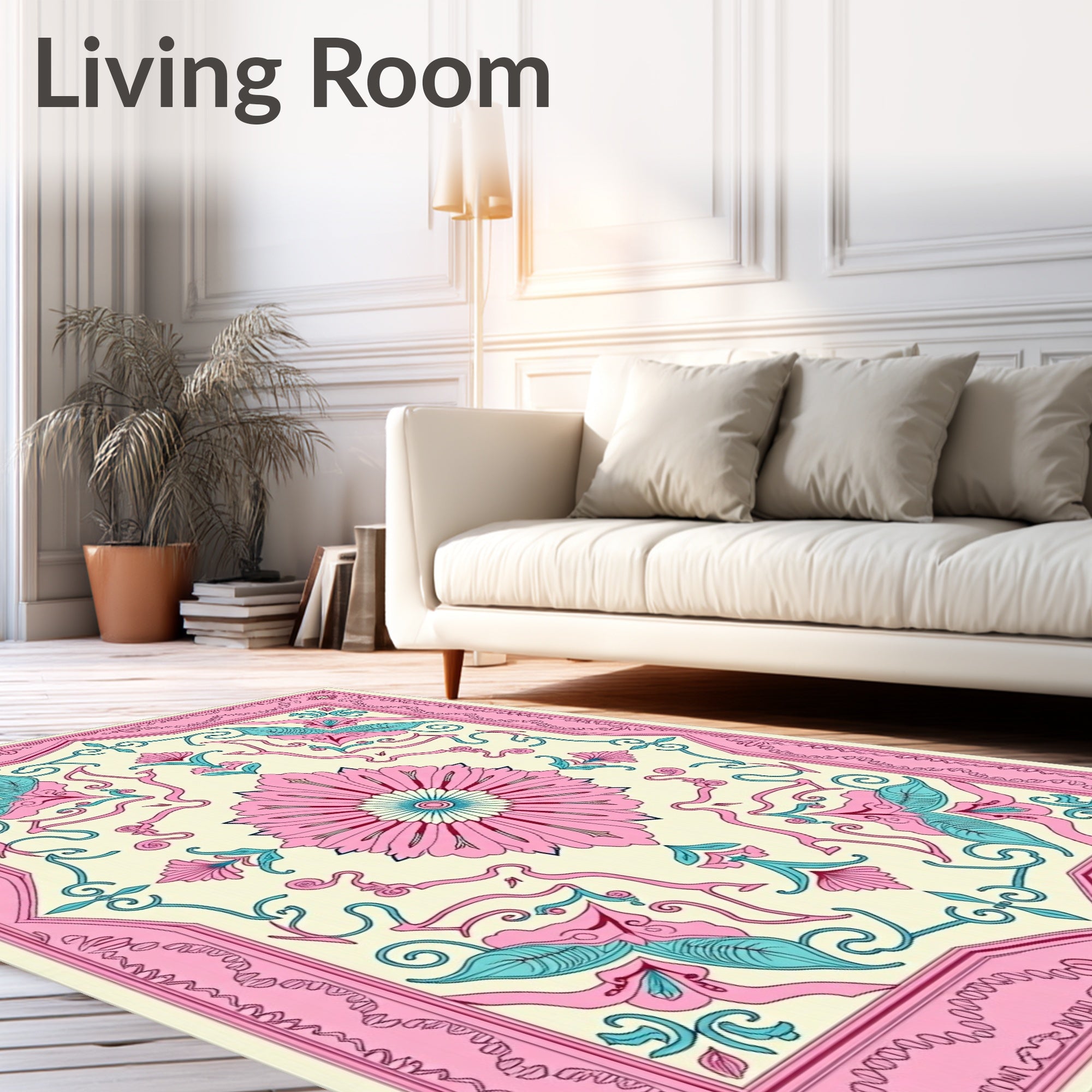 Pink Teal Cream Floral Medallion Swirl Rug