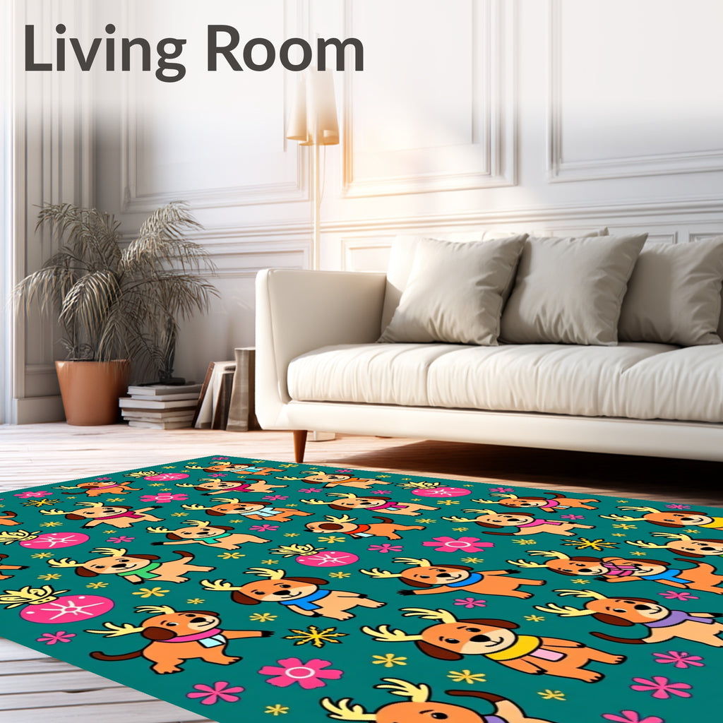 Whimsical Dog Reindeer Christmas Floral Rug