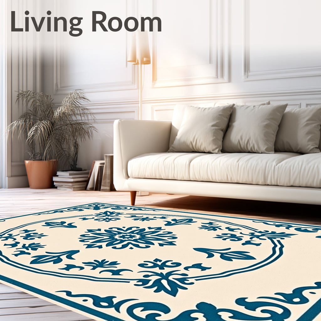 Teal Floral Medallion Cream Background Rug