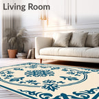 Teal Floral Medallion Cream Background Rug