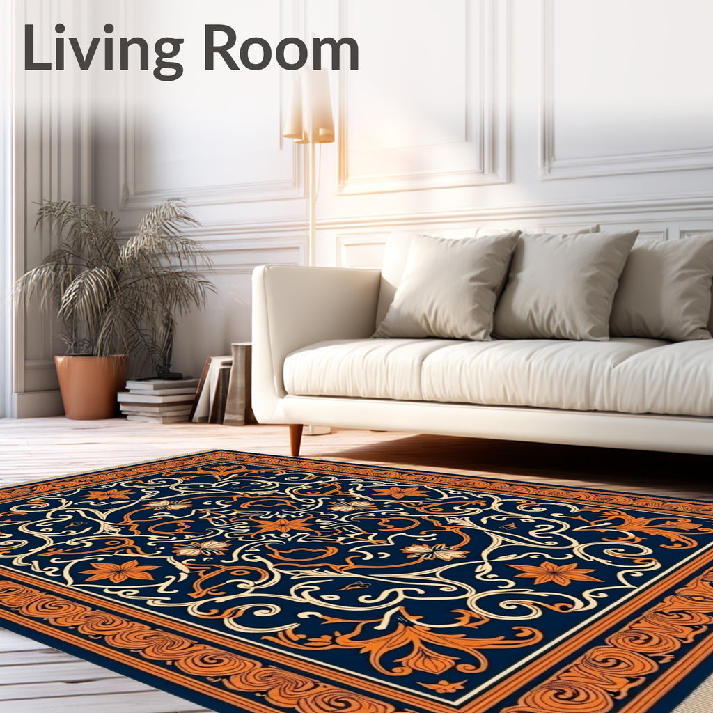 Navy Orange Floral Vintage Medallion Rug