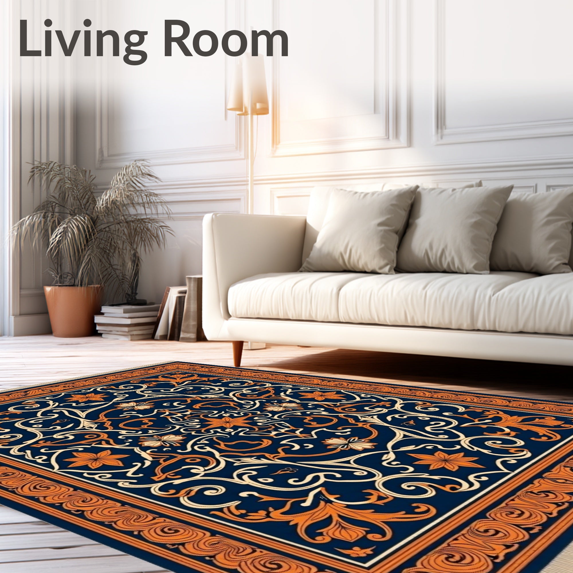 Navy Orange Floral Vintage Medallion Rug
