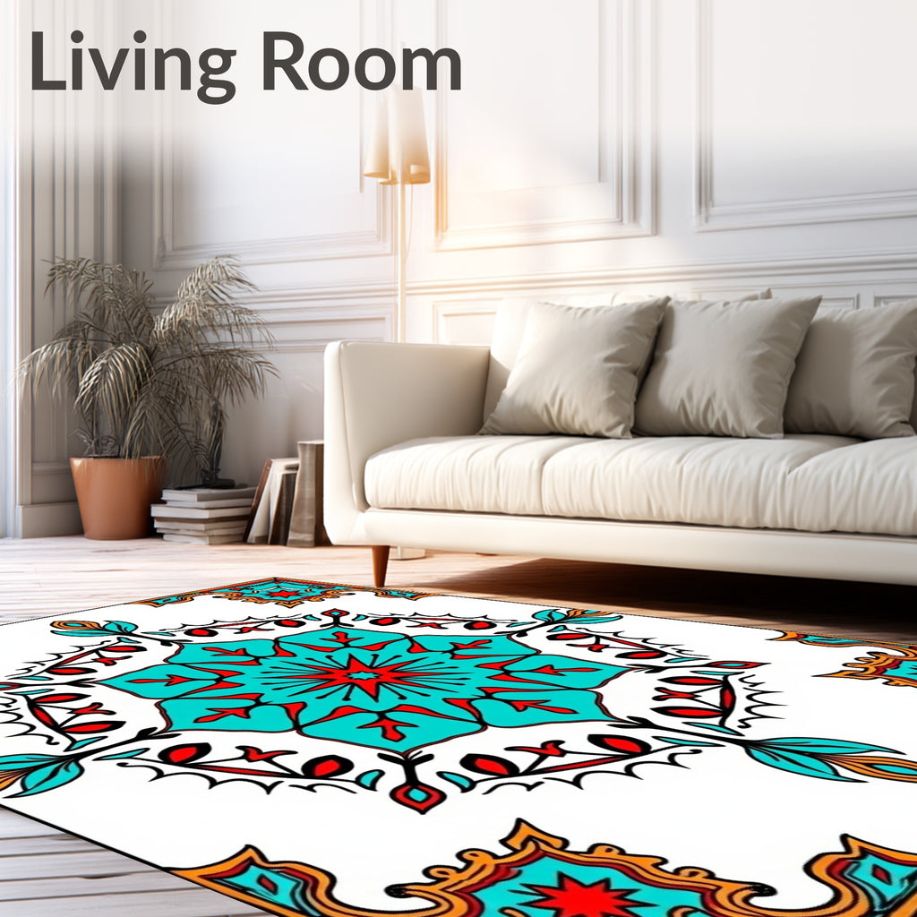 Turquoise Red Starburst Mandala Frame Rug