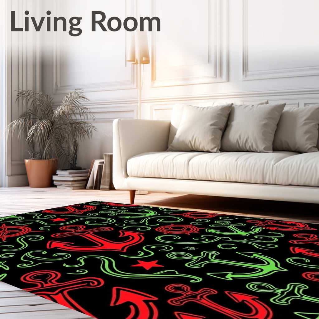 Nautical Red And Green Anchor Swirls Rug