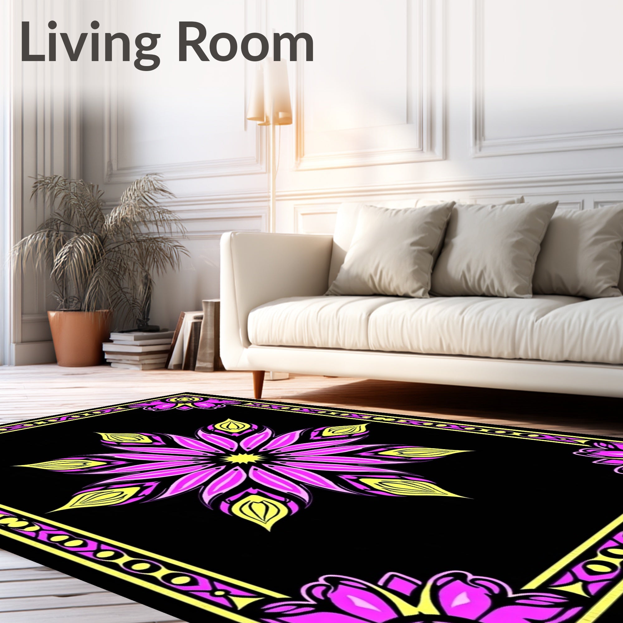 Bright Pink Yellow Floral Frame Rug