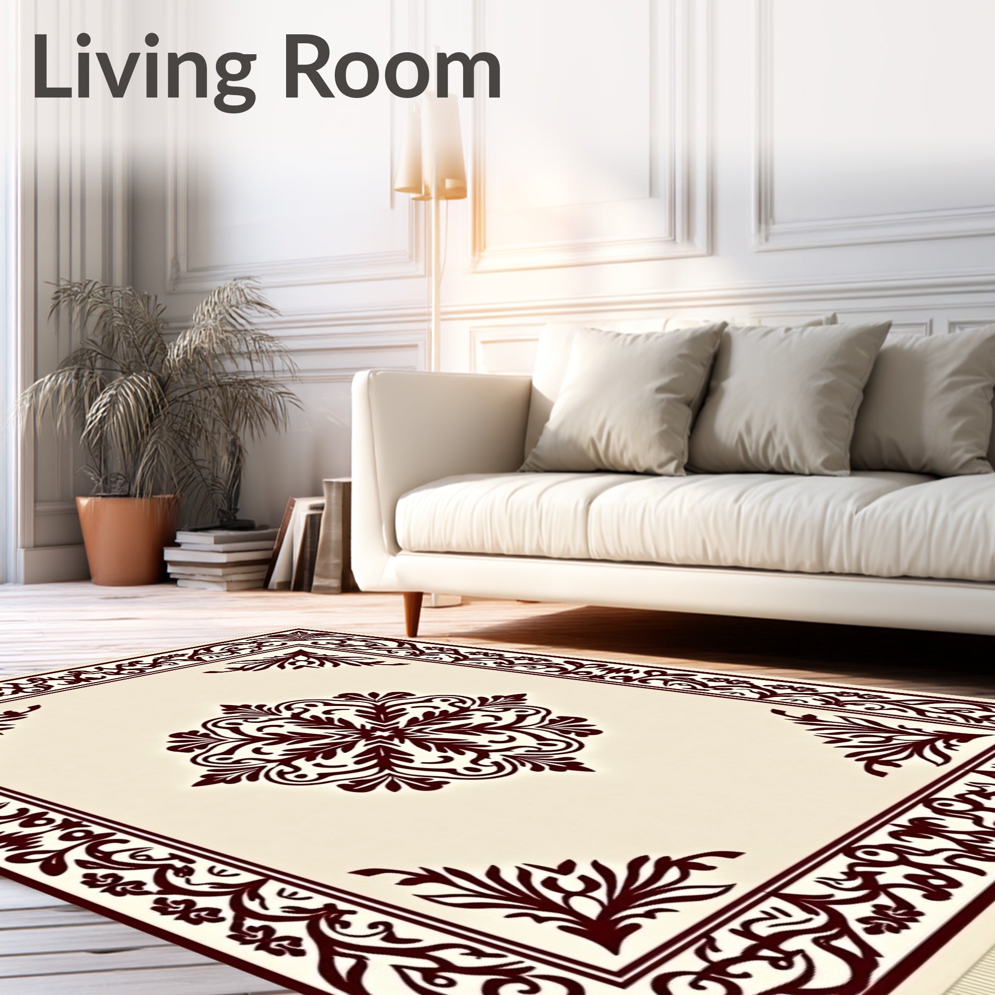 Crimson Medallion Bordered Cream Rug