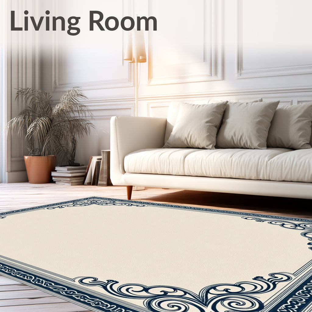 Navy Scrollwork Ivory Border Rug