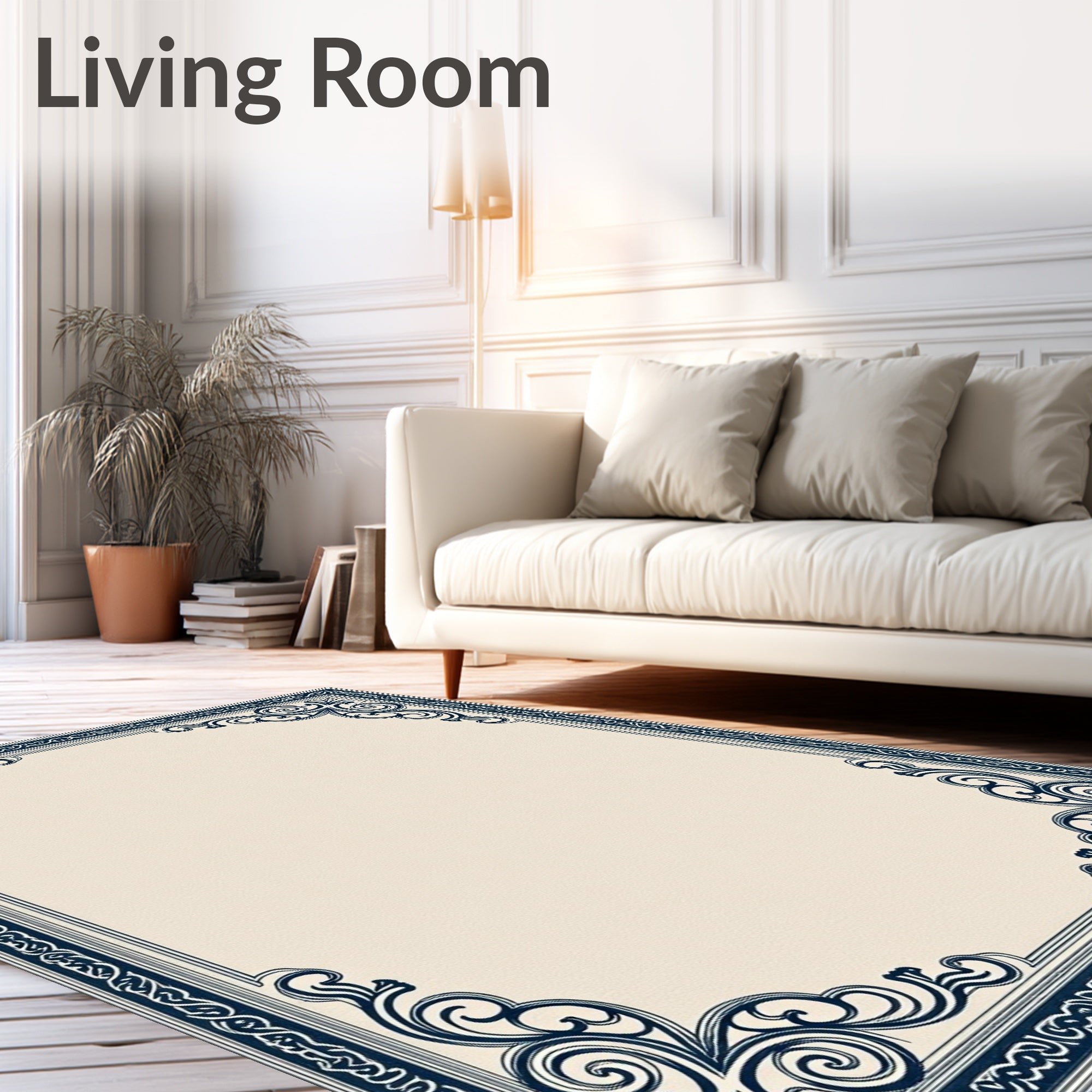 Navy Scrollwork Ivory Border Rug
