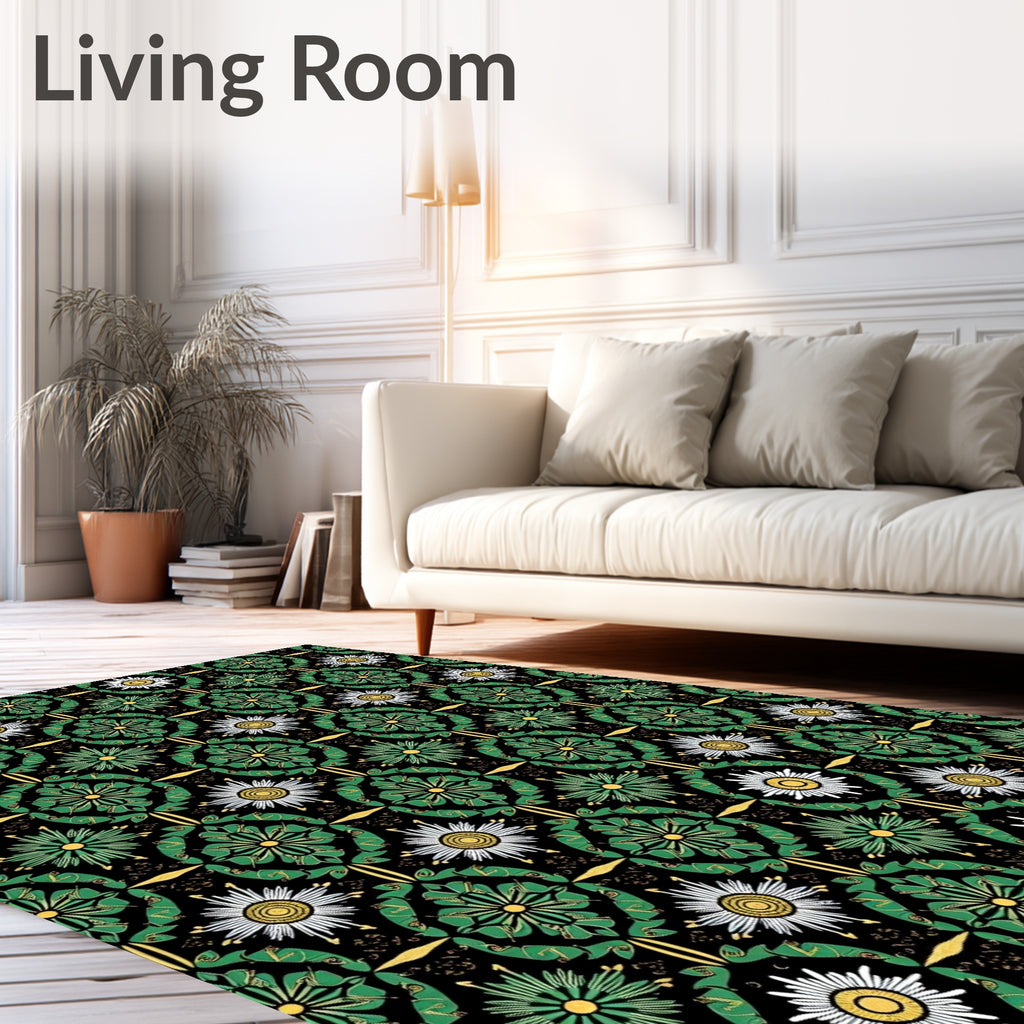 Green Daisy Floral Art Deco Rug