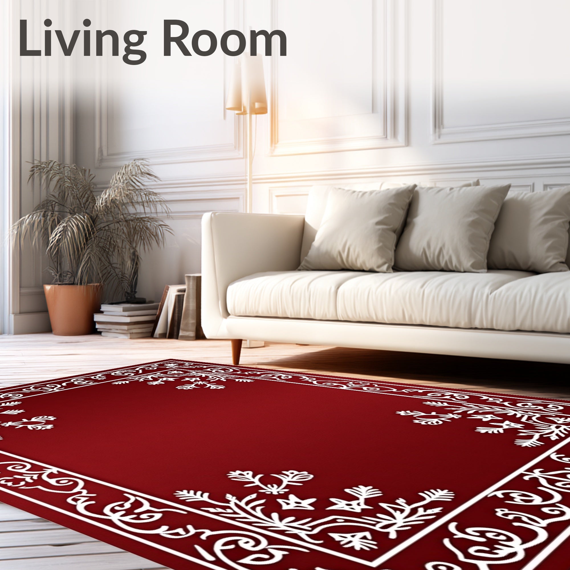 Crimson White Floral Border Accent Rug