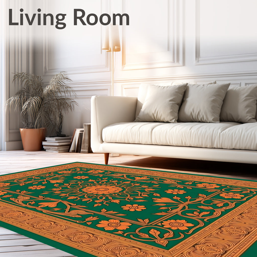 Emerald Green Floral Scroll Medallion Rug
