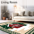 Cozy Red Cabin Snowy Forest Scene Rug