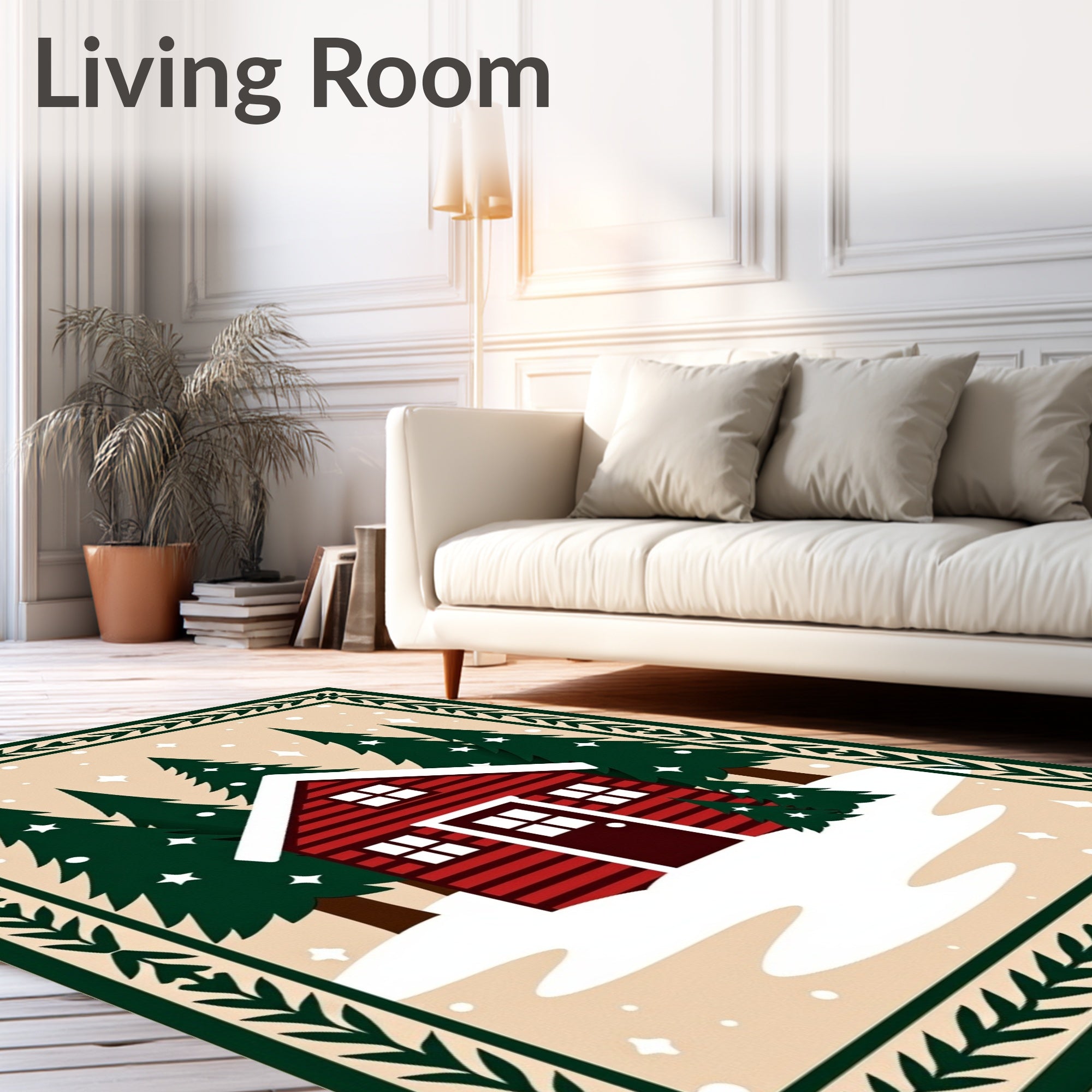 Cozy Red Cabin Snowy Forest Scene Rug