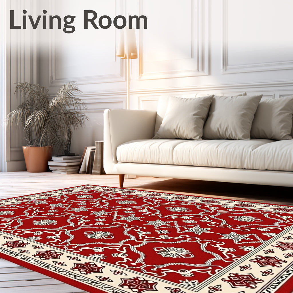 Crimson Cream Intricate Floral Frame Rug