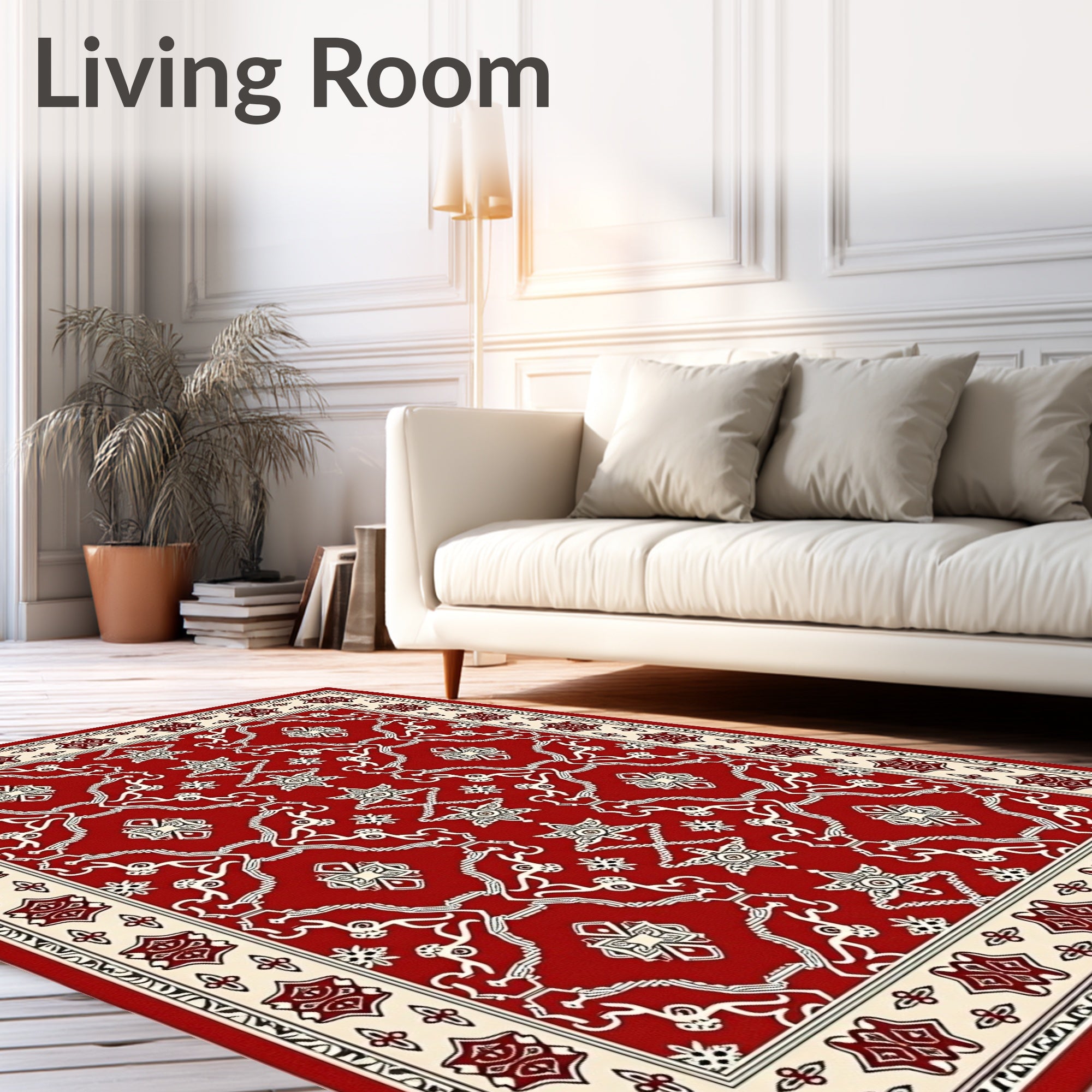 Crimson Cream Intricate Floral Frame Rug