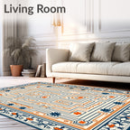 Navy Orange Geometric Maze Floral Rug