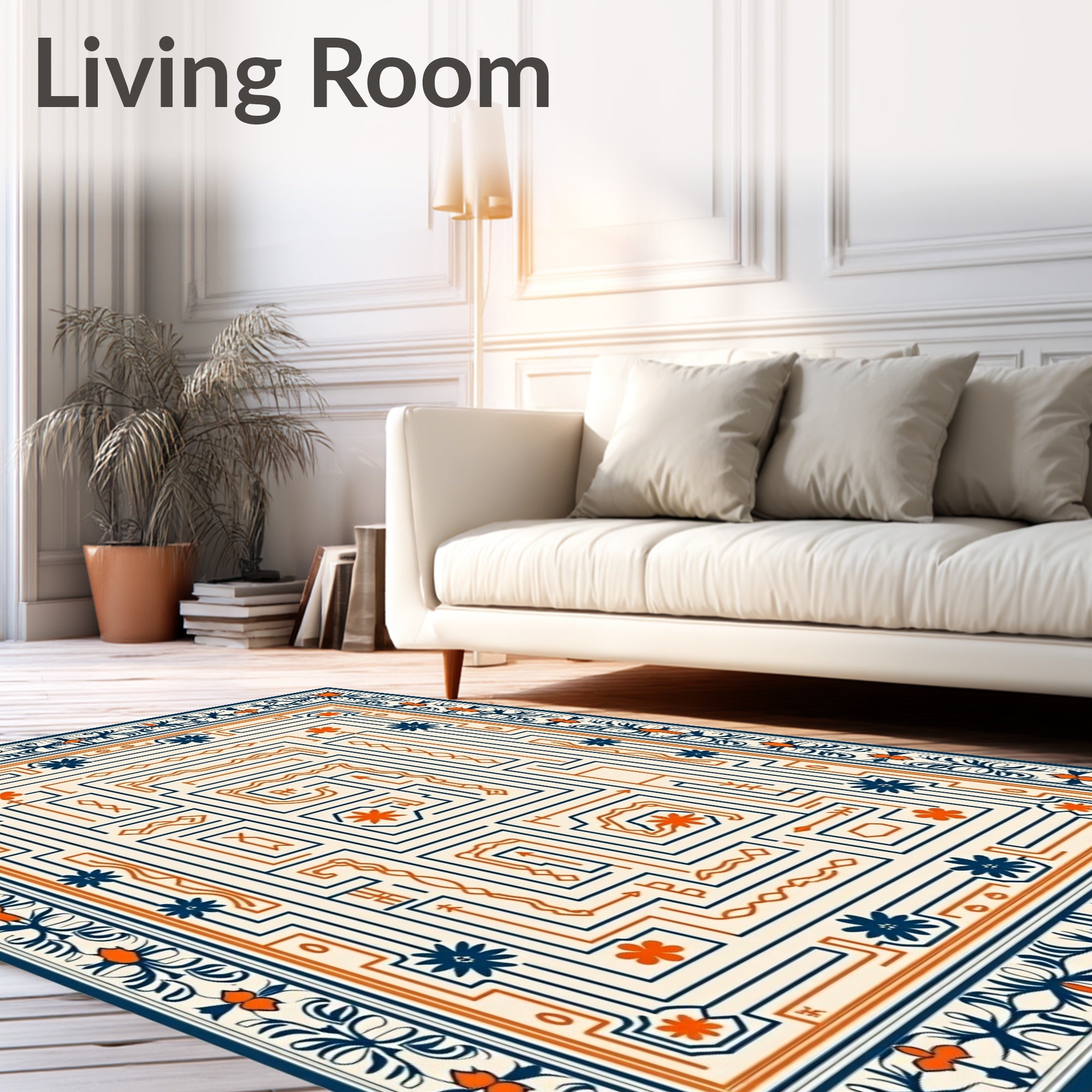 Navy Orange Geometric Maze Floral Rug