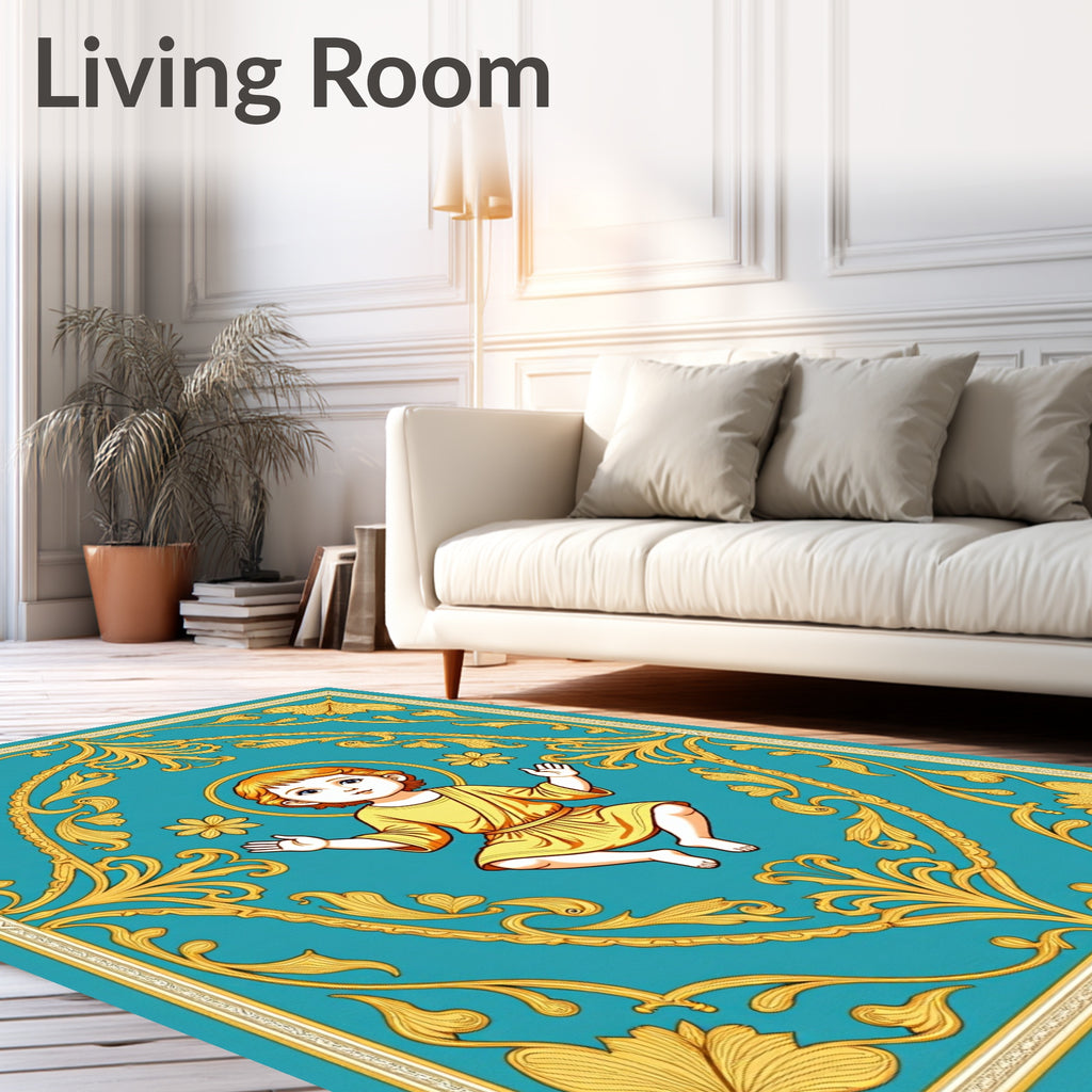 Golden Child Turquoise Floral Frame Rug