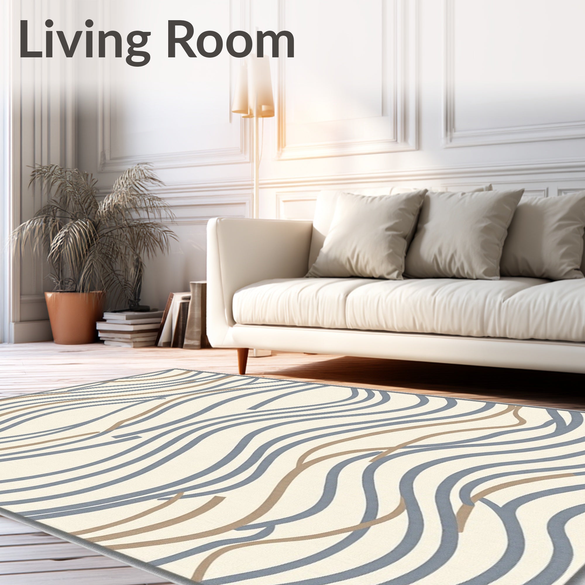 Cream Blue Tan Wavy Lines Rug