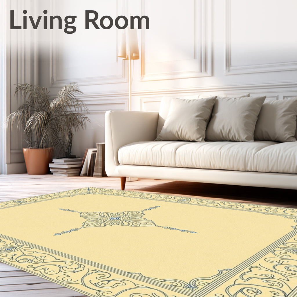 Cream Blue Scrollwork Medallion Border Rug