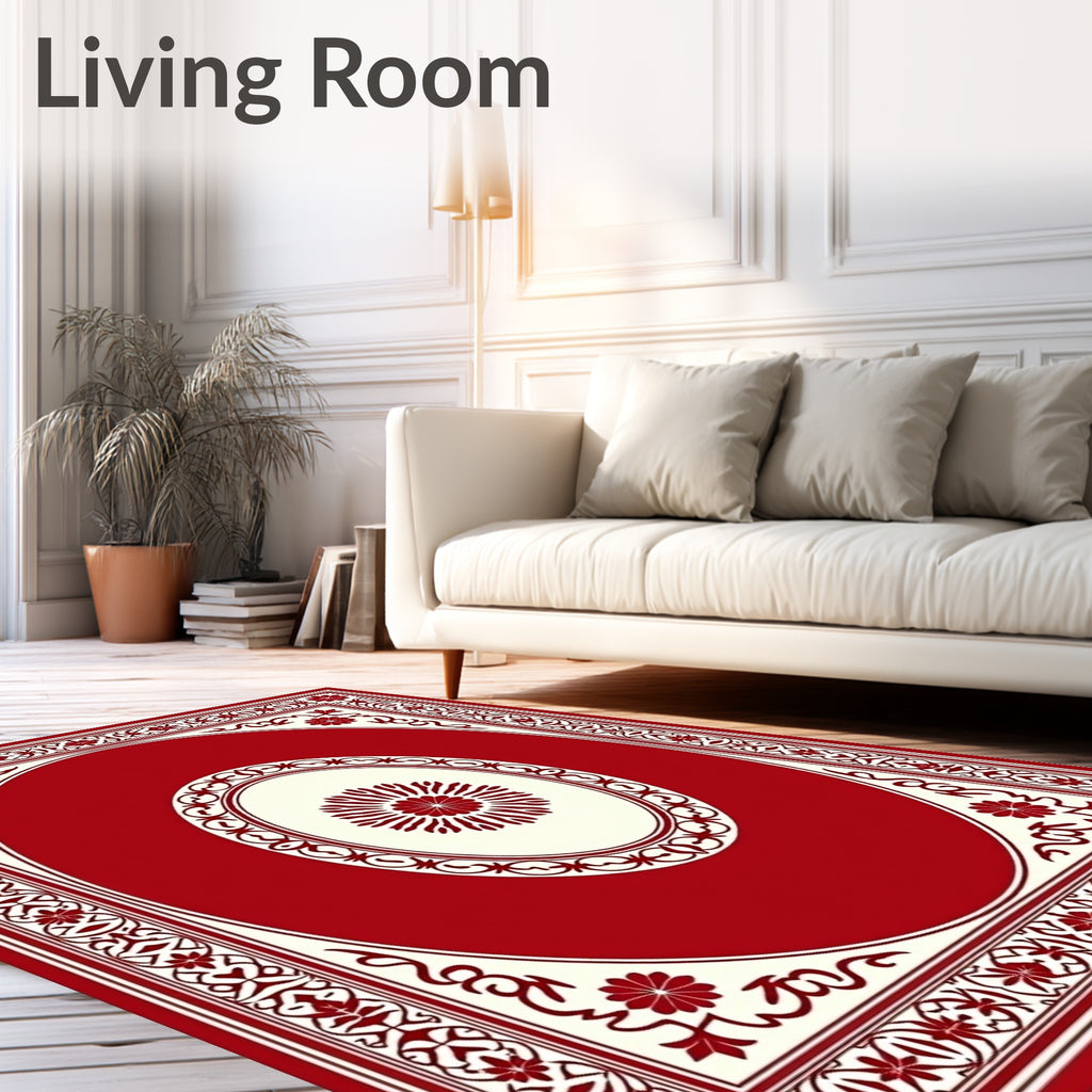 Crimson Floral Oval Medallion Border Rug