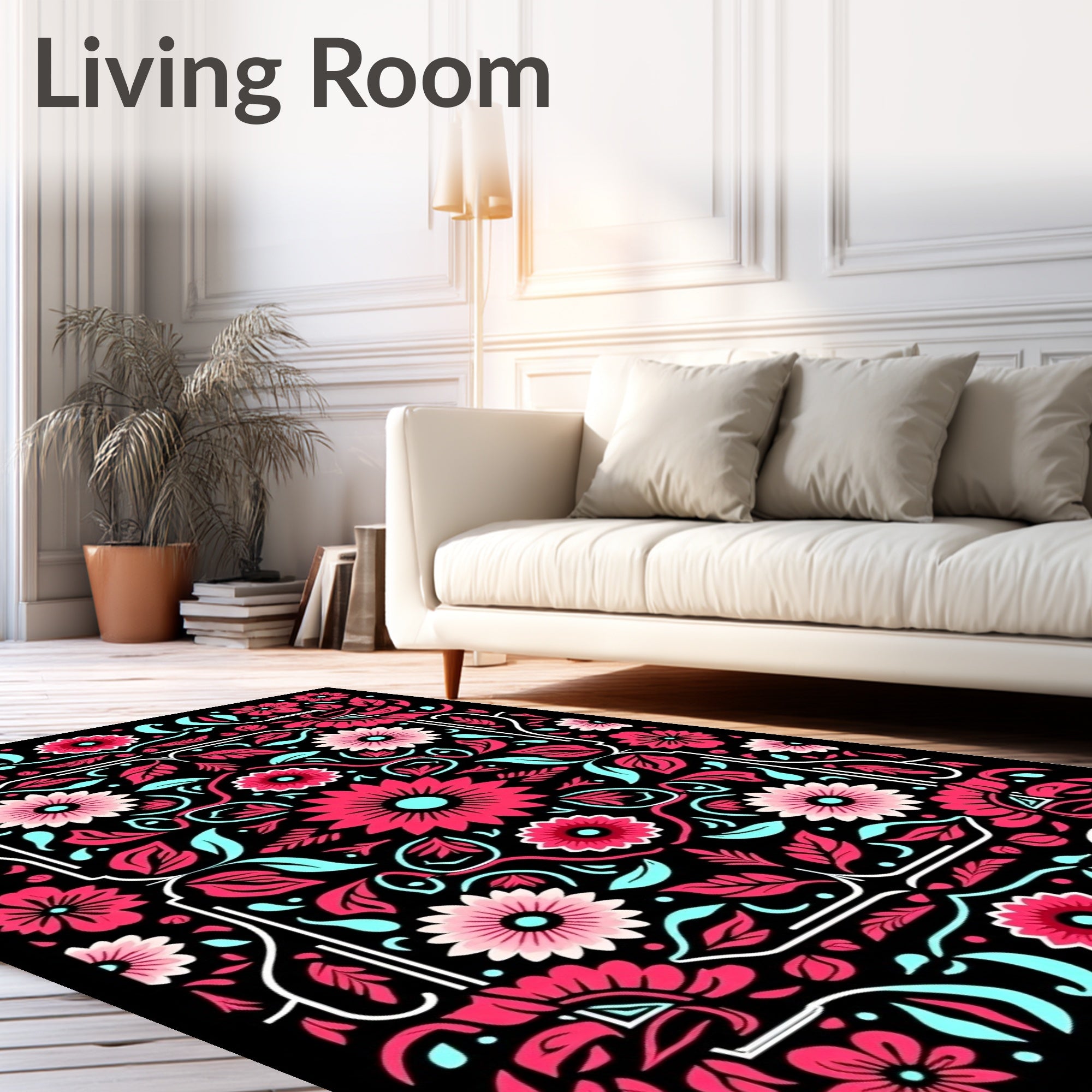 Vibrant Pink Aqua Floral Frame Rug