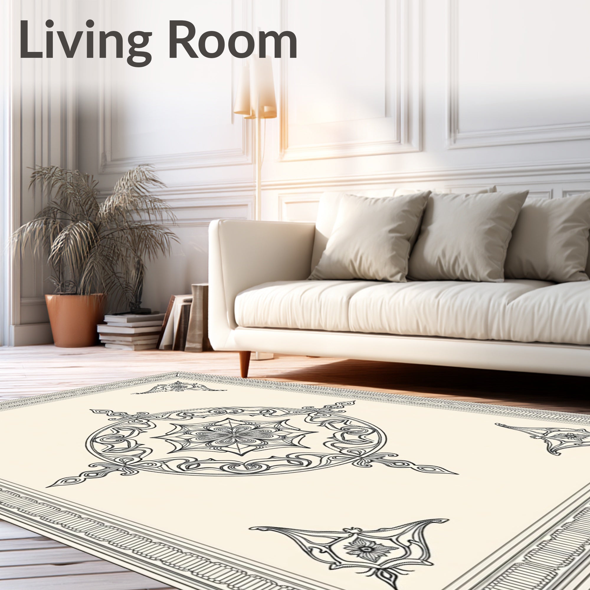 Ornate Ivory Floral Medallion Frame Rug