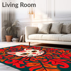 Enigmatic Red White Cat Floral Border Rug