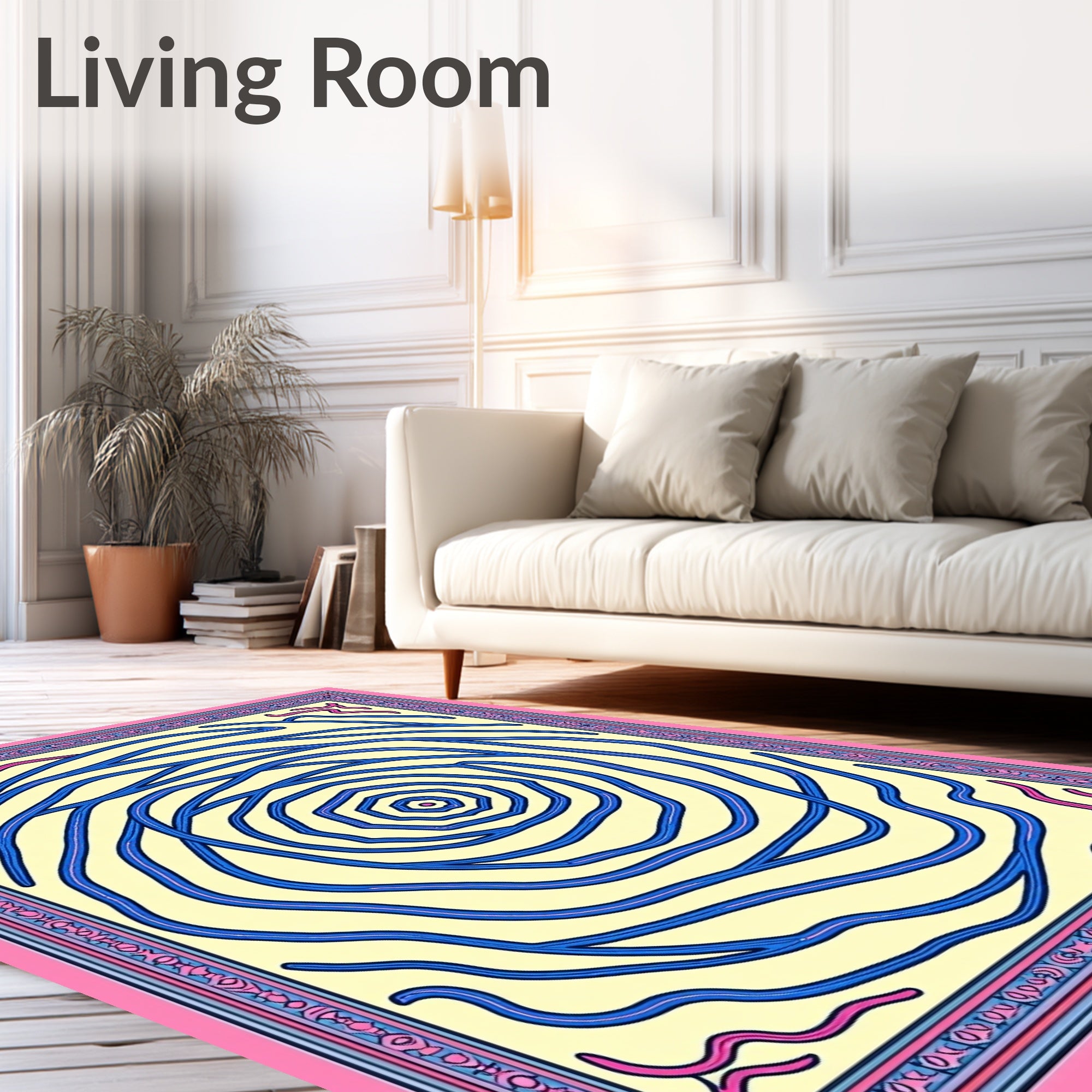 Whimsical Blue Swirl Pink Border Rug