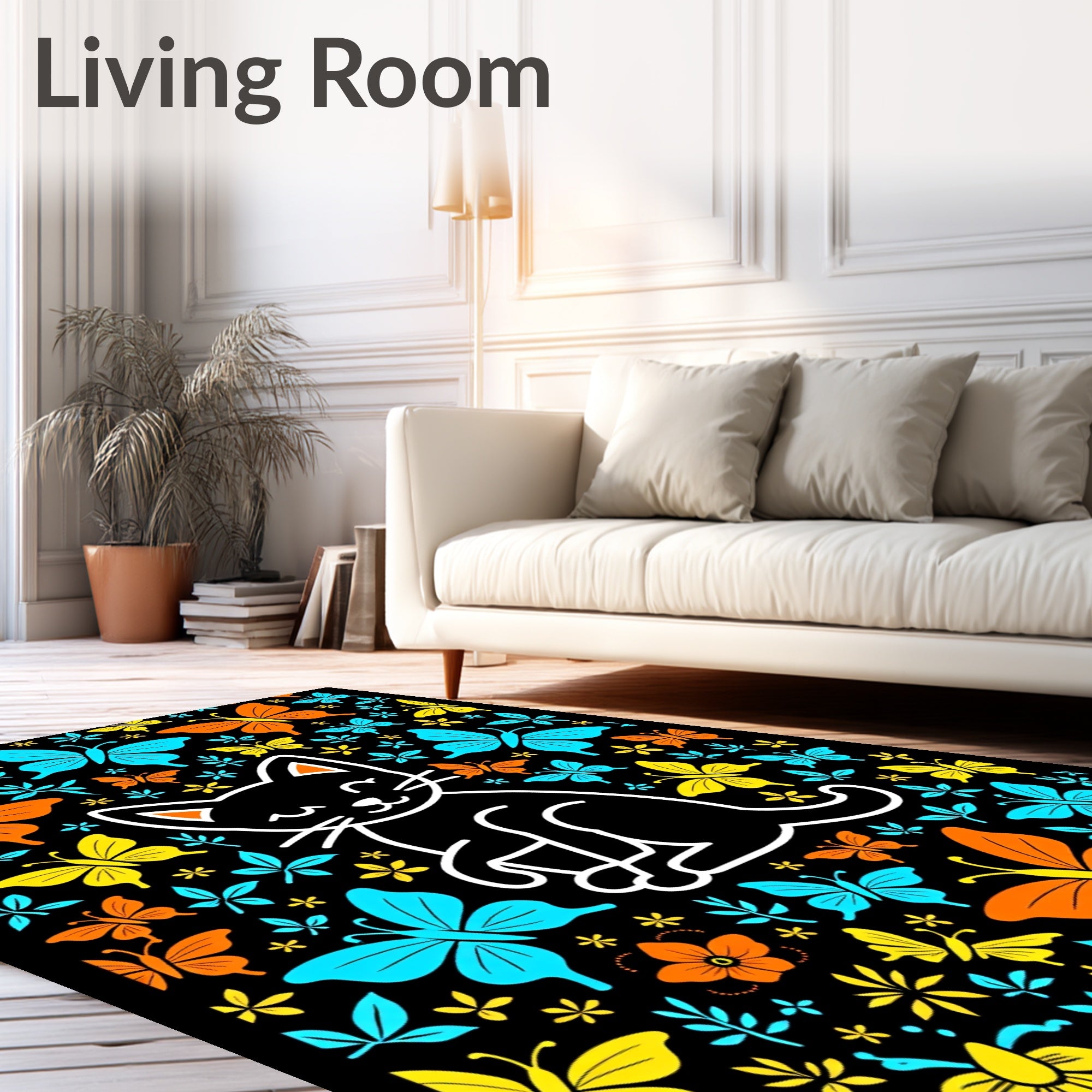 Whimsical Black Cat Butterfly Garden Rug