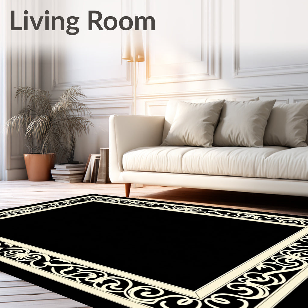 Cream Elaborate Scroll Border Rug