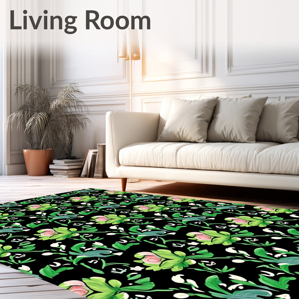 Elegant Pink Green Floral Black Background Rug