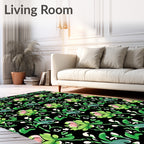 Elegant Pink Green Floral Black Background Rug