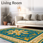 Golden Teal Floral Symmetry Medallion Rug