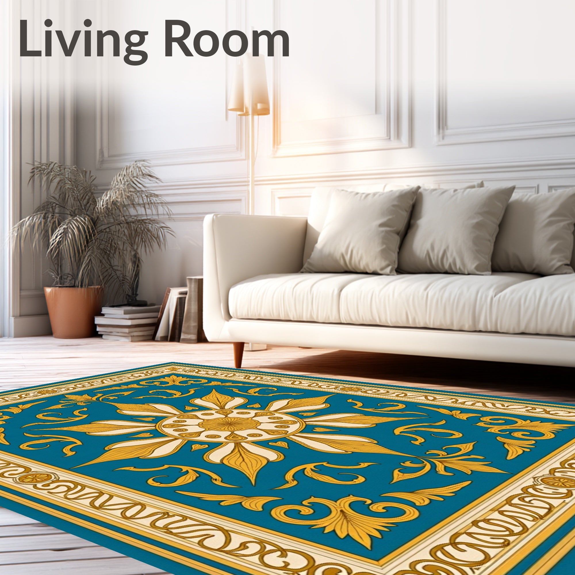 Golden Teal Floral Symmetry Medallion Rug