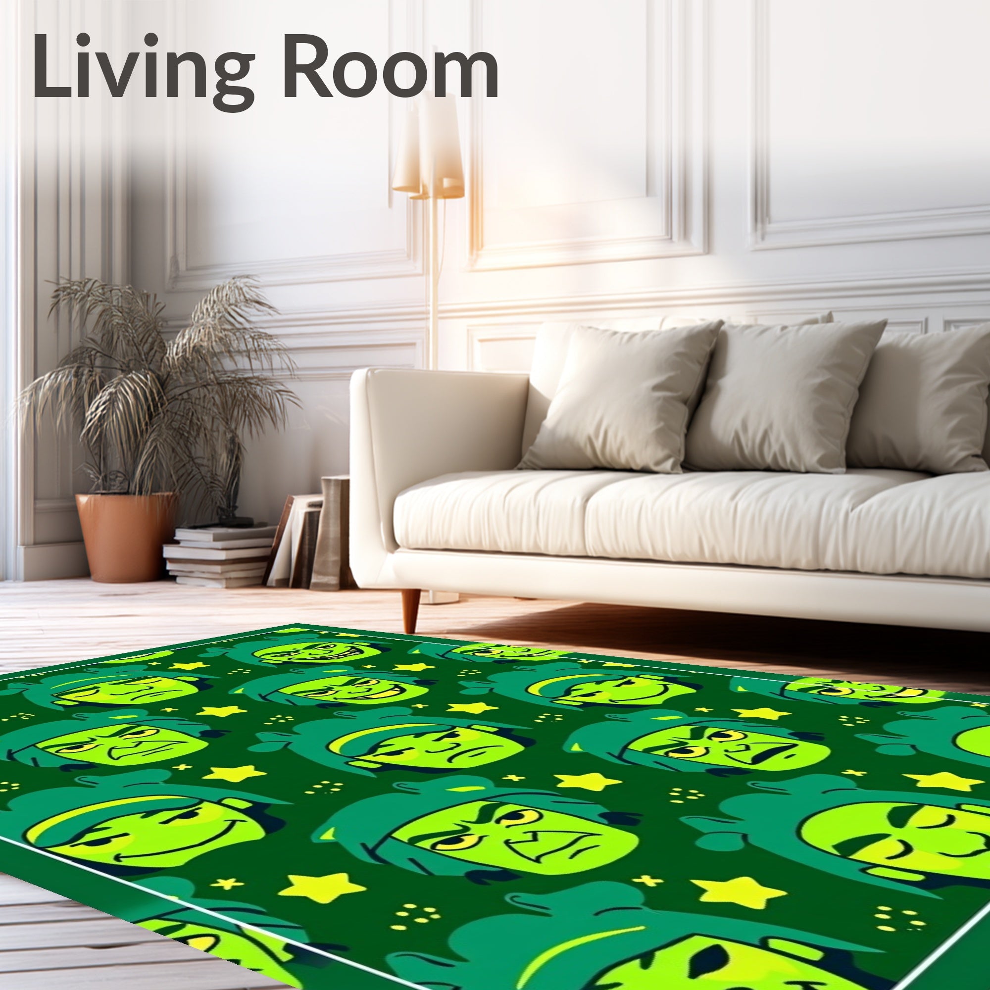 Green Cartoon Face Star Background Rug