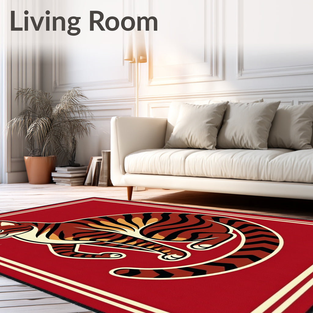 Bold Red Tiger Stripes Animal Portrait Rug
