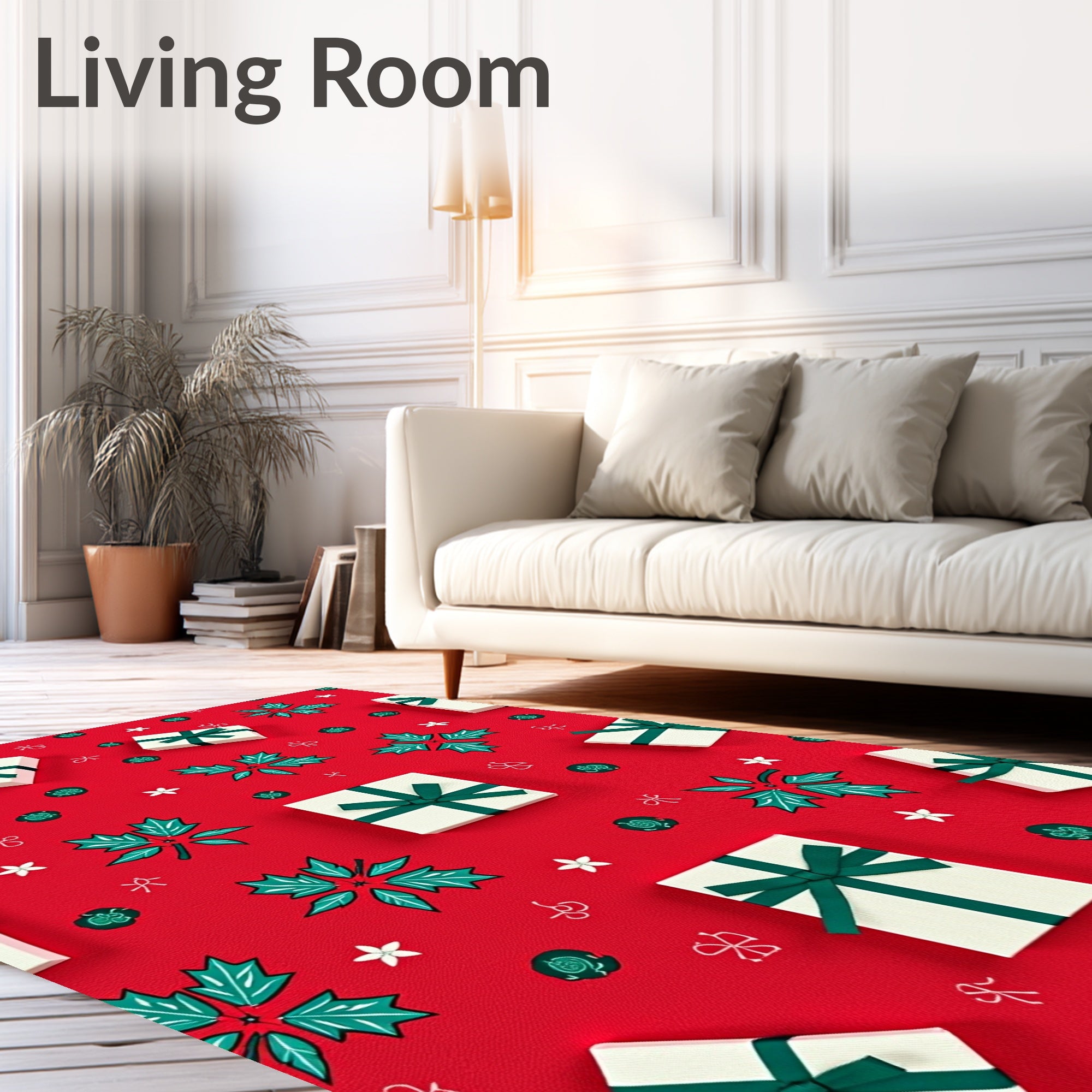 Red White Green Holly Gift Pile Rug