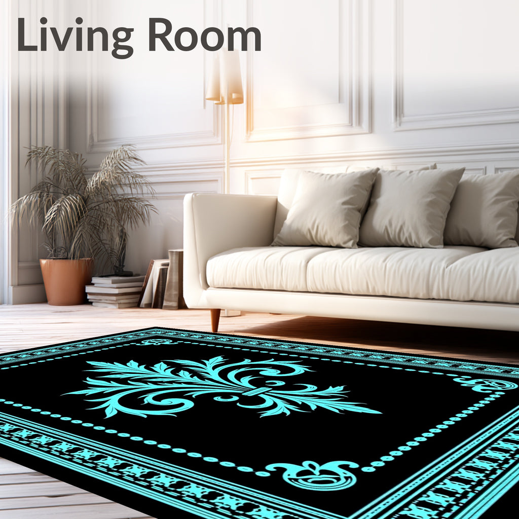 Turquoise Classic Fleur-de-Lis Border Rug