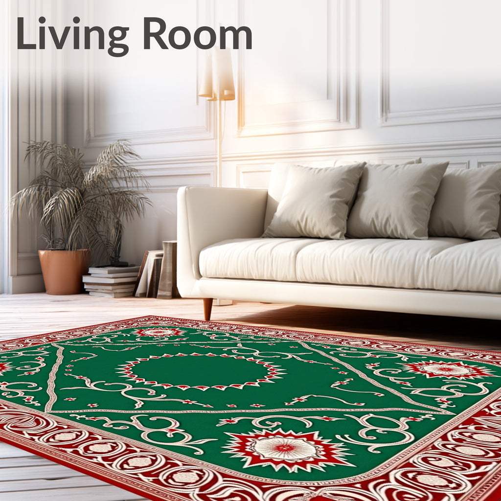 Classic Green Red Floral Medallion Rug