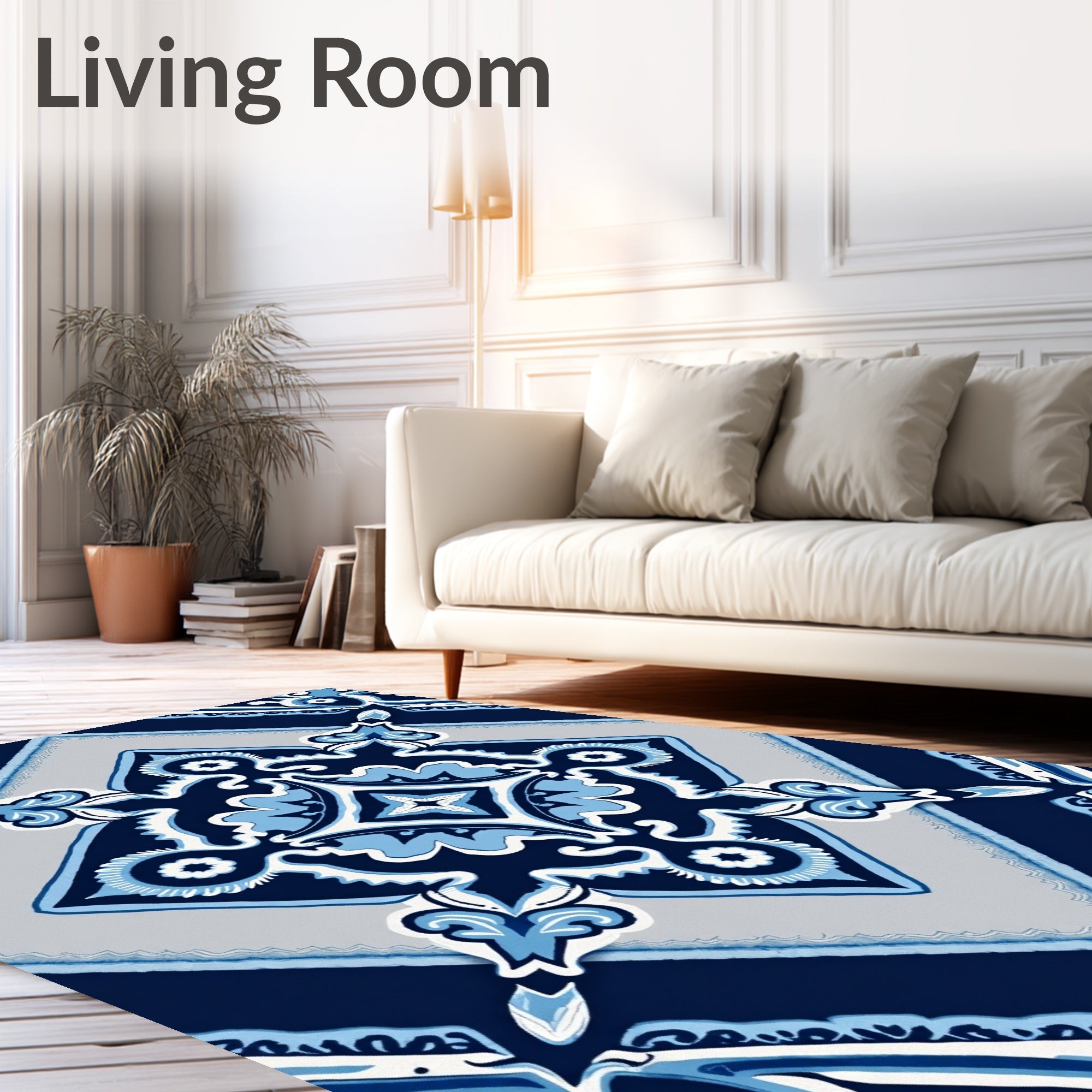 Deep Blue Floral Medallion Tile Rug