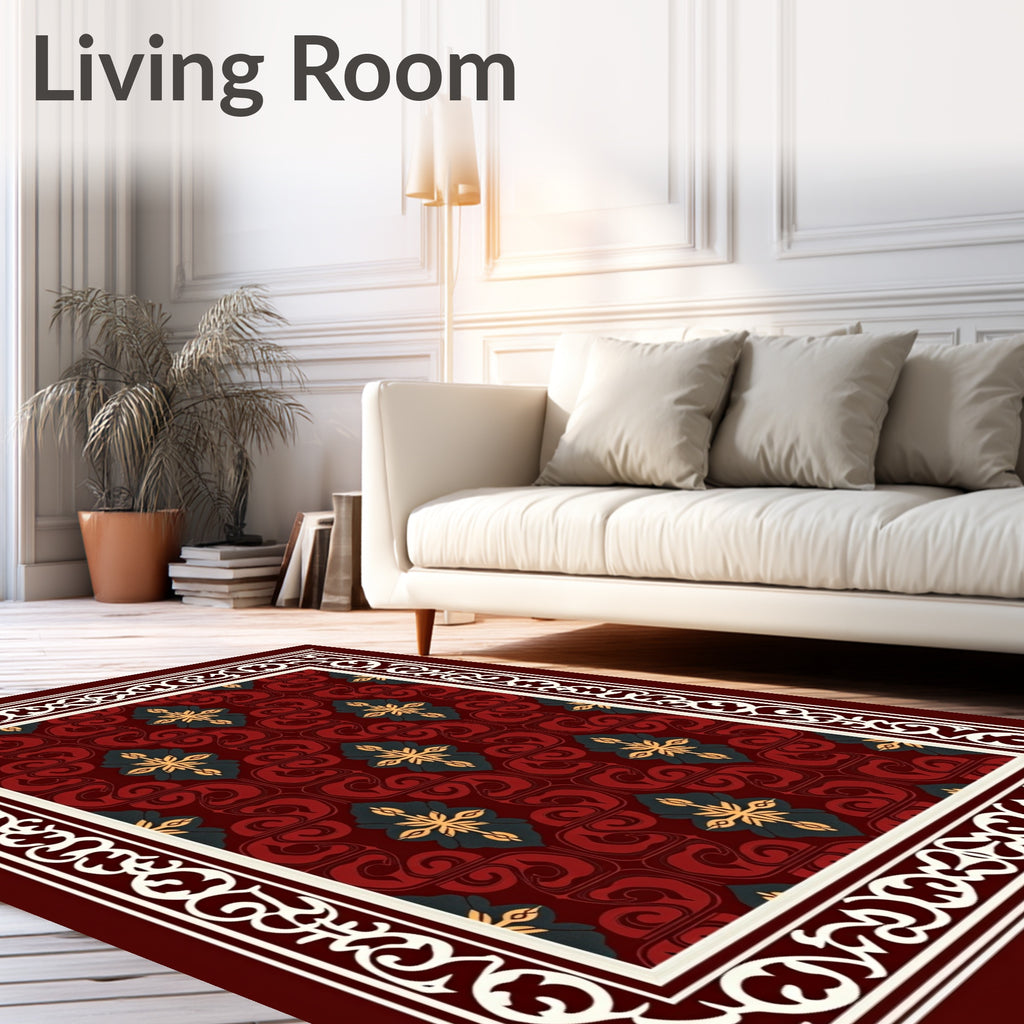 Crimson Gold Leaf Swirl Medallion Rug