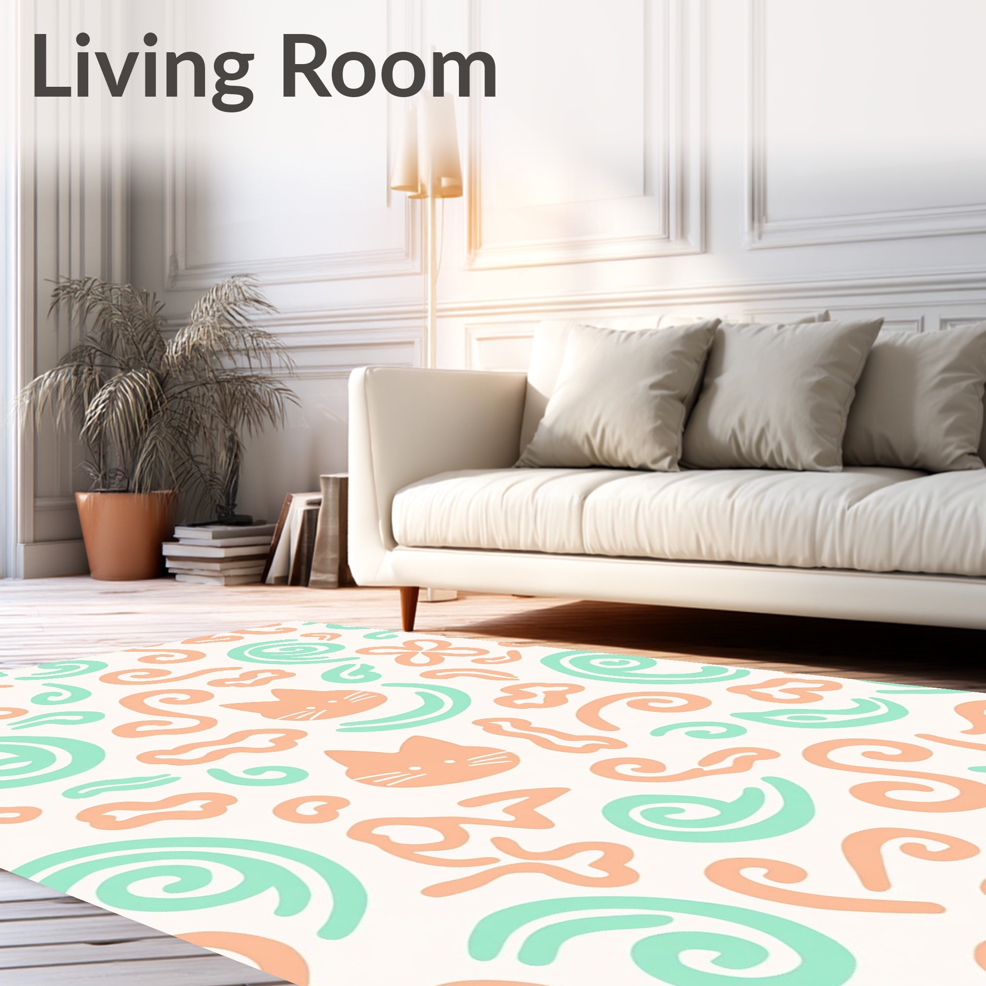 Playful Peach Cat Swirls Green Abstract Rug