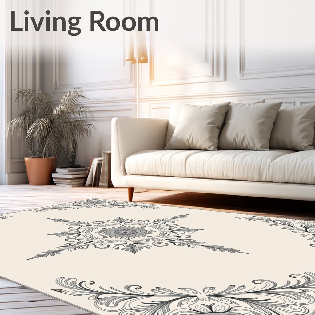 Elegant Gray Floral Medallion Scrollwork Rug