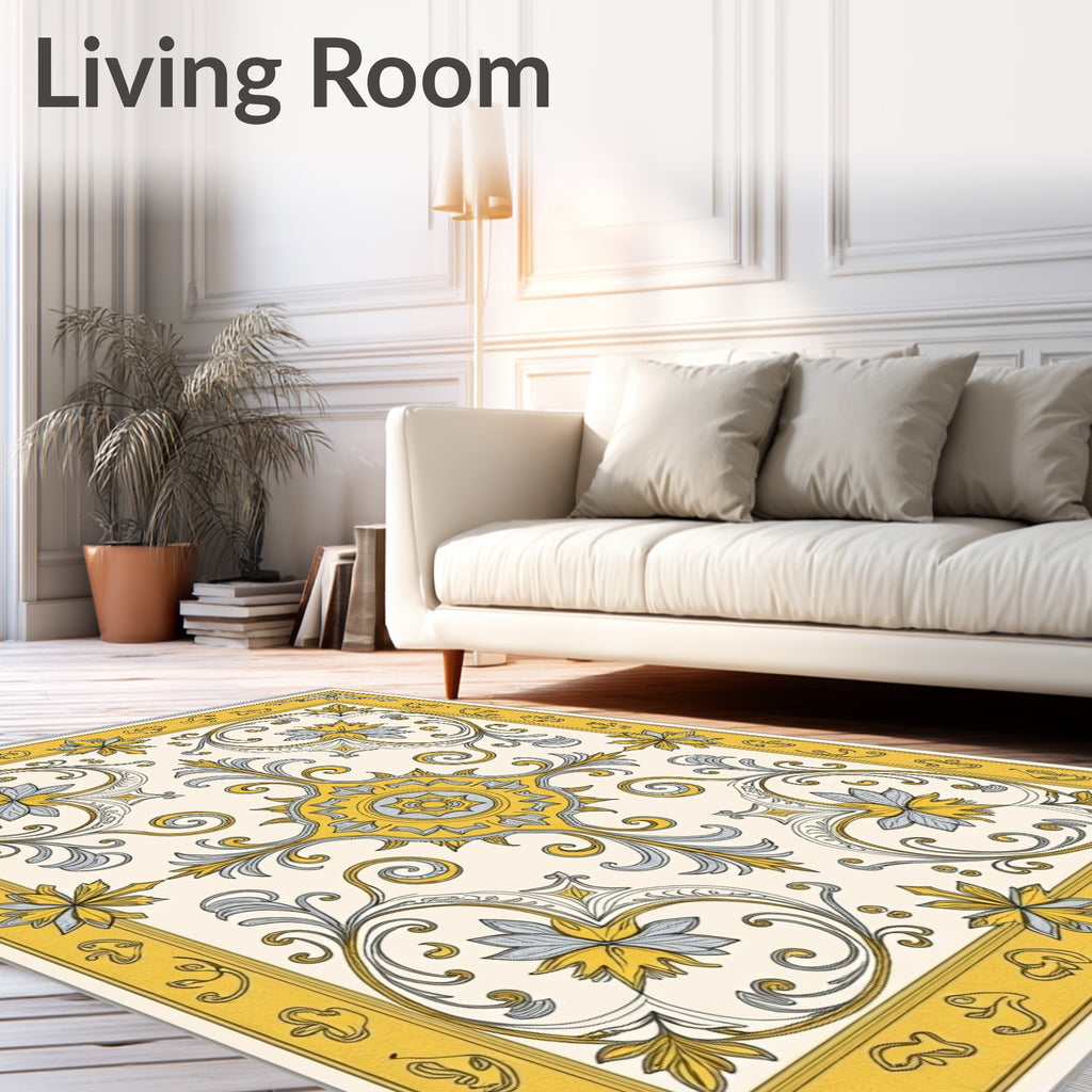 Golden Yellow Floral Scrollwork Rug
