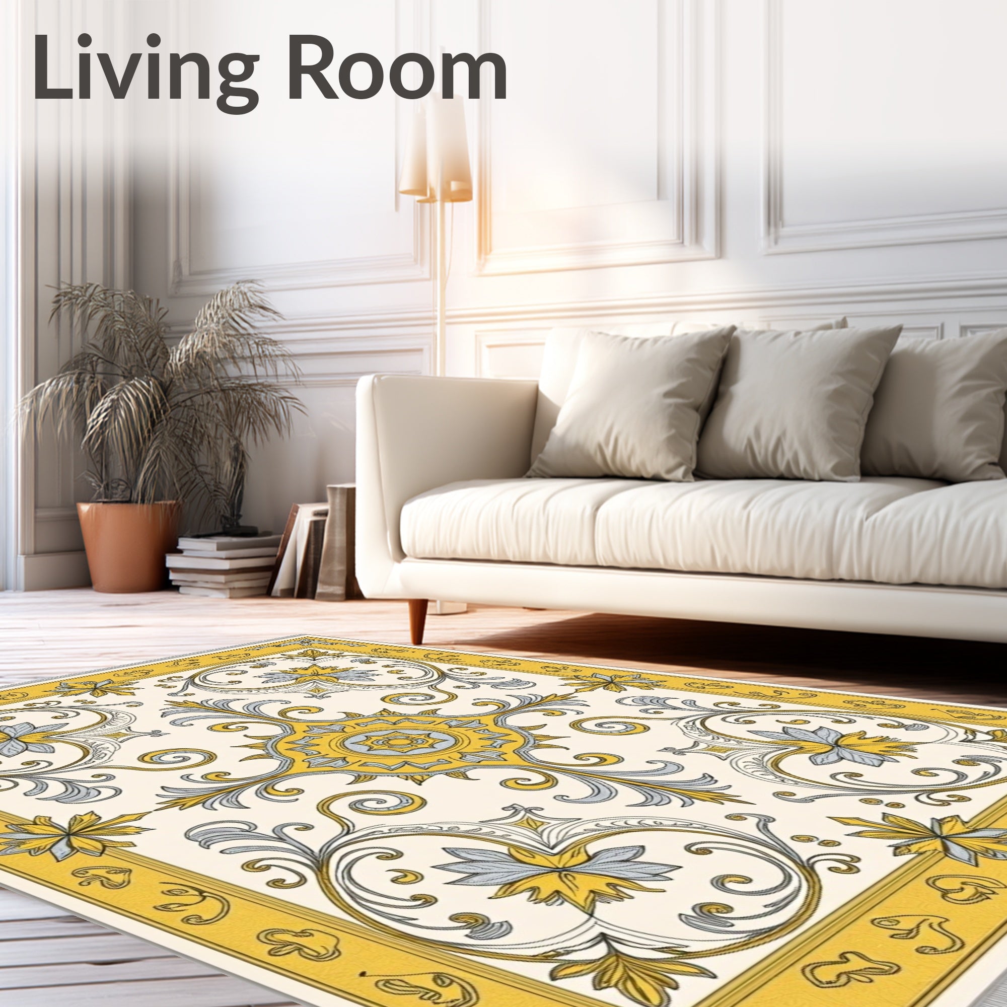 Golden Yellow Floral Scrollwork Rug
