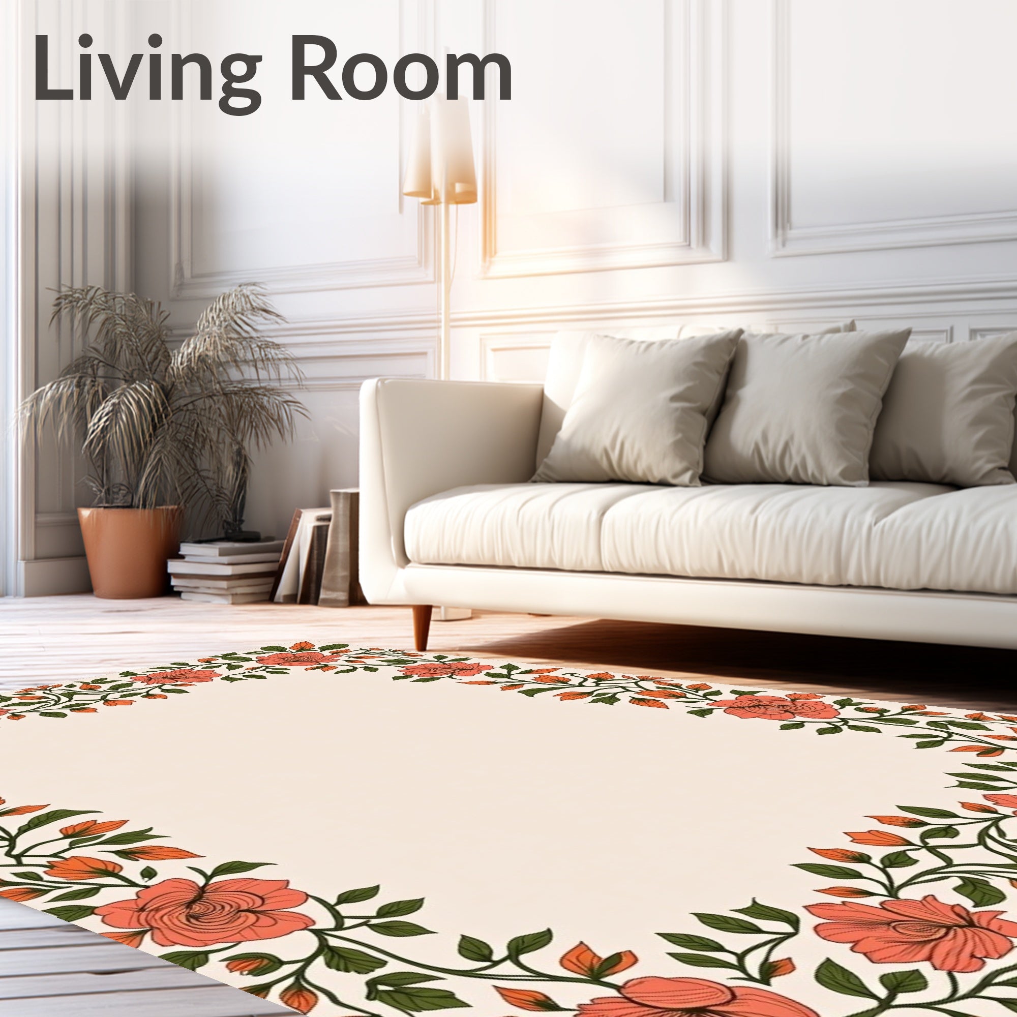 Coral Floral Vine Border Rug