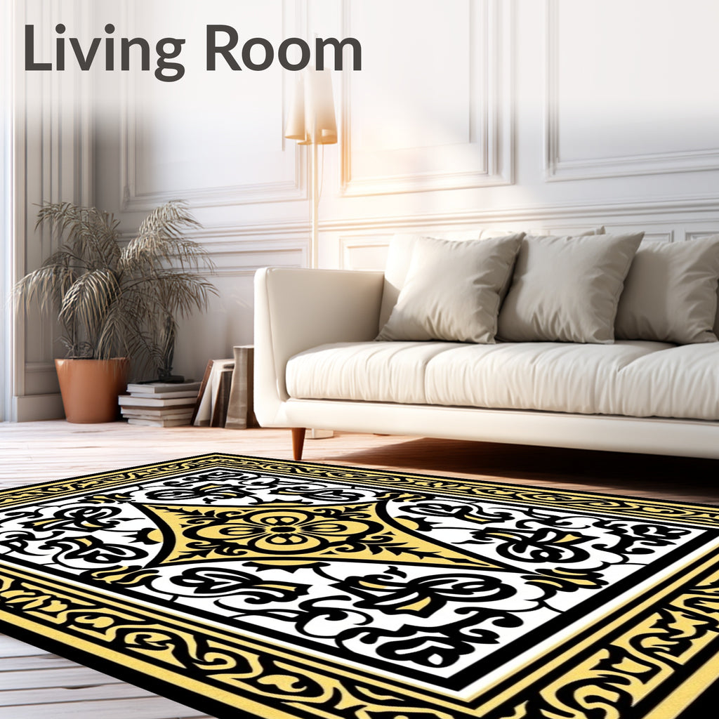 Gold Black Elaborate Floral Diamond Rug