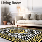 Gold Black Elaborate Floral Diamond Rug